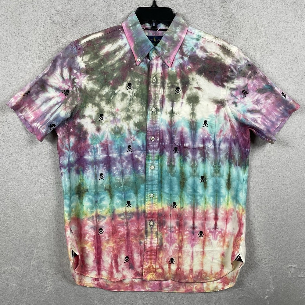 Ralph Lauren Shirt Mens Medium Skull Tie Dye RLPC Short Sleeve Button Down - Picture 2 of 12